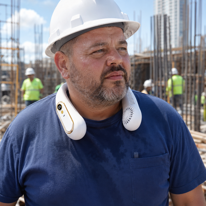Construction worker wearing a semiconductor cooling neck fan outdoors