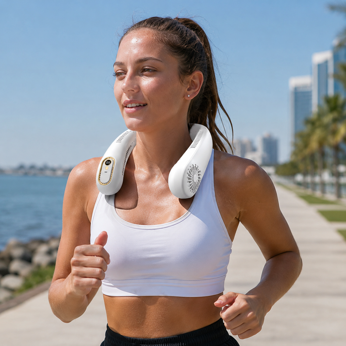 Woman jogging near waterfront wearing a neck fan