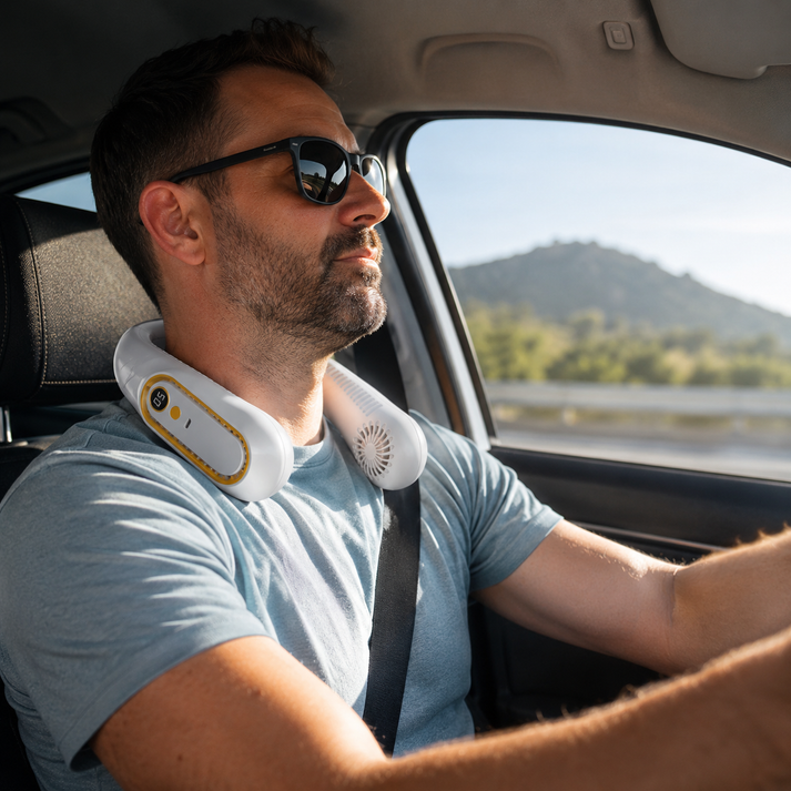 Man driving with a rechargeable neck fan